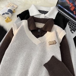 秋款男POLO领套头毛衣假两件针织衫拼色休闲外套M2245 P55图片