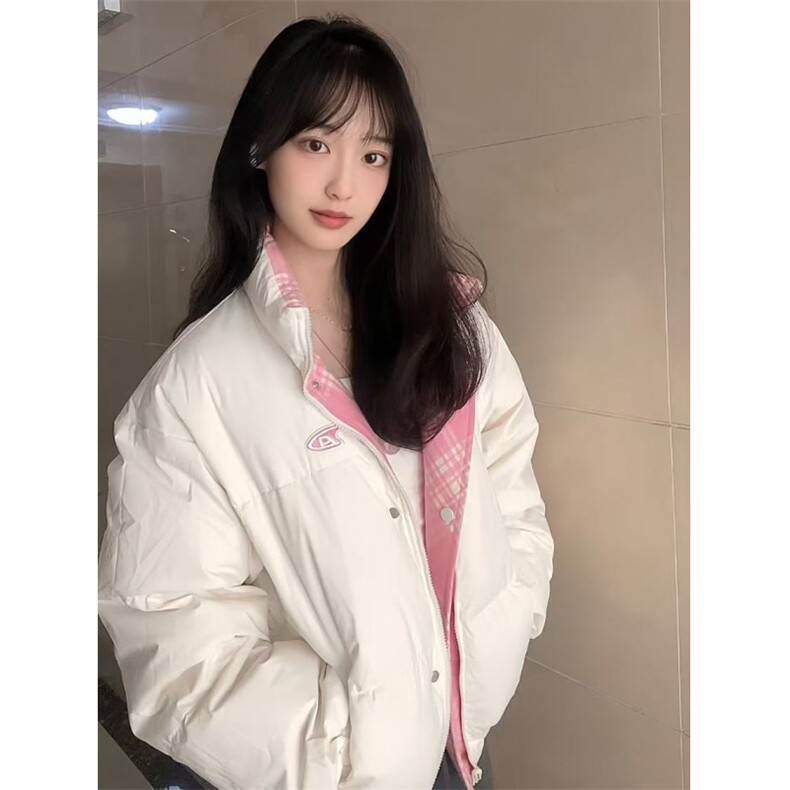 1506-1/M76591/P89韩版辣妹粉白色双面穿立领棉服女外套,男装棉衣,星座1506-1