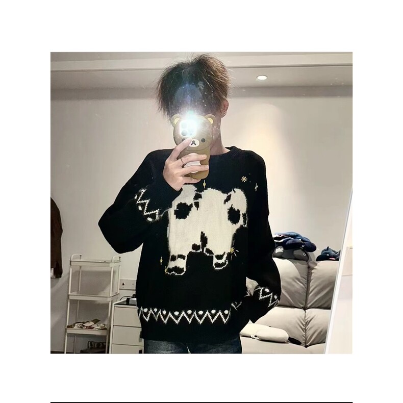 黑色软糯趣味小羊提花图案毛衣男秋冬慵懒风宽松上衣针织衫情侣款,男装针织衫/毛衣,星座1210-1