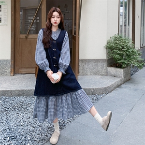 日系减龄复古文艺风格纹连衣裙套装女2025秋季新款牛仔罩衫两件套图片
