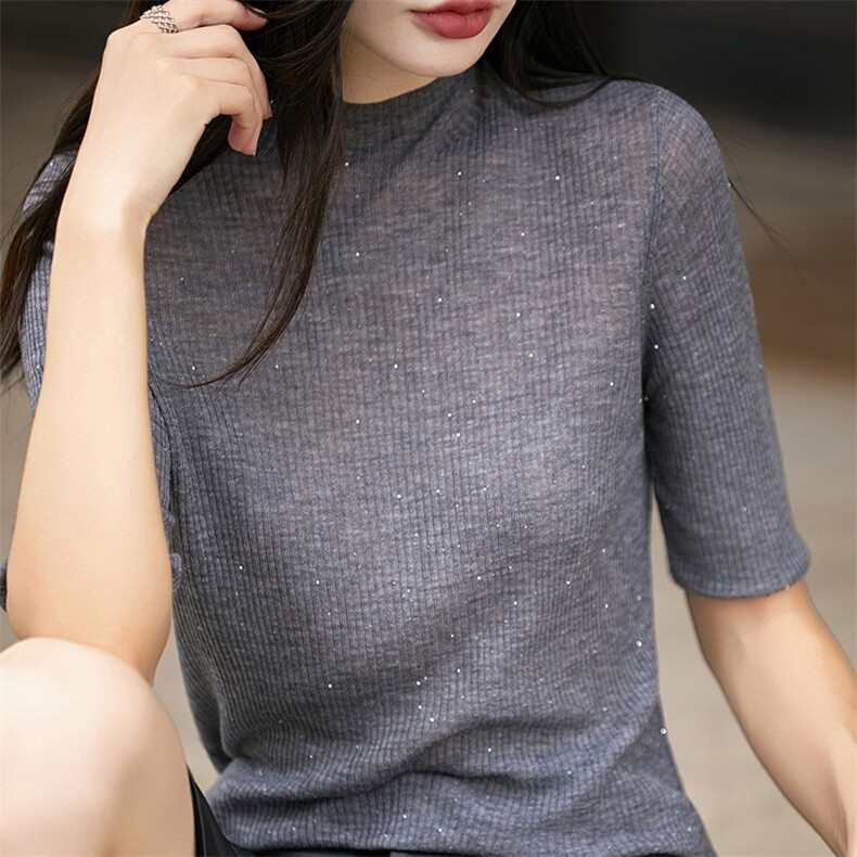 法式纯羊毛无缝针织珠片半袖打底衫女2025新精纺超博五分袖毛衣,女装羊毛衫,片语羊绒