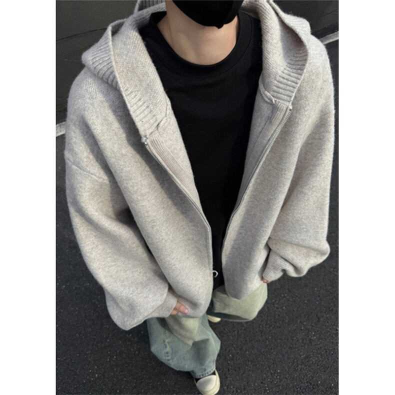 秋冬连帽开衫男女宽松老钱风纯色毛衣真口袋复古针织衫外套MY628，男装针织衫/毛衣，星座1116A（原606A-3）