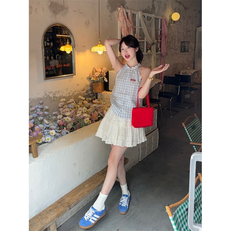 TC568-P45韩系甜美蓝色无袖格子衬衫女夏季新款挂脖上衣,女装衬衫,星座617A-2