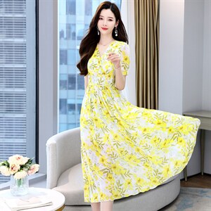雪纺碎花连衣裙女薄款2024夏季新款时尚气质名媛收腰显瘦仙女长裙图片