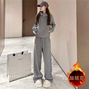 气质简洁休闲套装女秋冬新款韩系连帽卫衣直筒长裤显高显瘦两件套图片