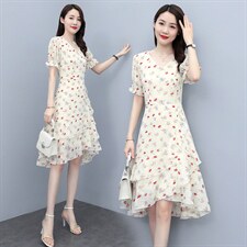 2023夏季新款时尚优雅气质V领花边不规则裙摆印花连衣裙，女装连衣裙，多彩