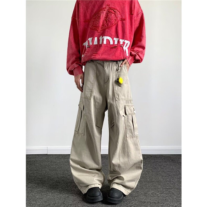 日系大口袋伞兵工装裤男春秋季潮牌宽松休闲直筒阔腿裤子，男装工装外套，星座1013