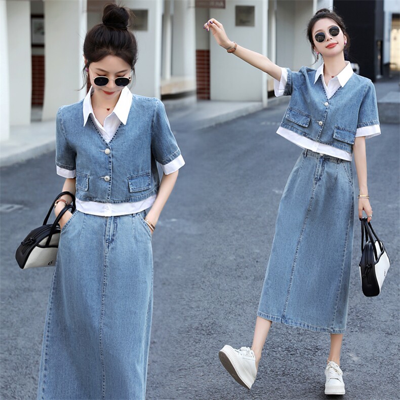 牛仔连衣裙女2025年夏季新款短袖薄款气质拼接衬衫领假两件套装女，女装套装/套裙，意芙