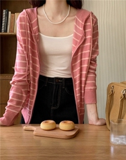 新款简约百搭条纹长袖针织开衫女宽松休闲外套，女装针织衫/毛衣，伟祺羊绒