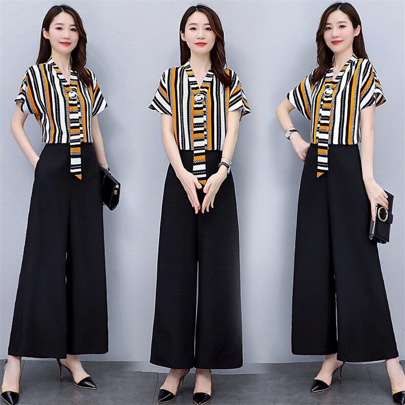 套装/套裙2022年夏季V领时尚百搭气质优雅印花飘带套装，女装套装/套裙，时尚俏佳人