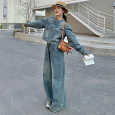 美式炸街牛仔套装女2025年春季新款短款外套高腰直筒阔腿裤两件套，女装套装/套裙，浙宝305
