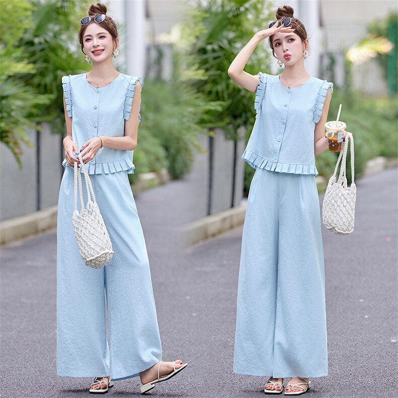 时尚女2025夏季新款韩系洋气无袖短上衣天丝亚麻阔腿裤，女装连衣裙，盈茜