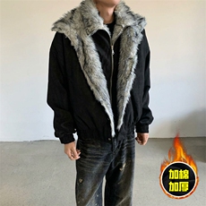现货高品质美式高街重磅狼王座山雕毛毛领假两件棉衣加厚棉服外套，男装棉衣，电商A486