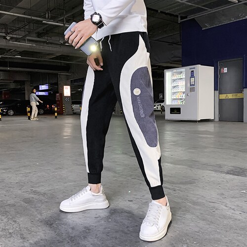 休闲裤男2025秋冬季新品拼接撞色灯芯绒休闲裤网红同款宽松束脚裤，男装休闲裤，电商A327