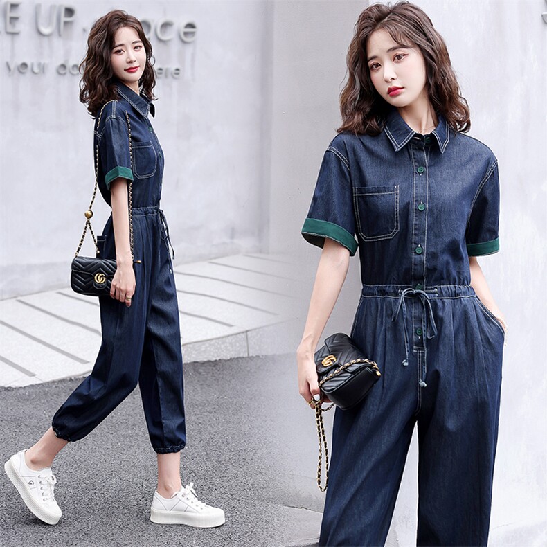 现货，薄款天丝牛仔连体裤女连衣裤夏装韩版休闲高级感复古工装裤，女装连体裤，E百度