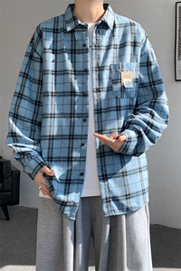 衬衫男春季新款港风磨毛宽松长袖格子衬衣CS521-P38图片