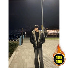 现货冬季美式潮牌痞帅PU皮机车服棉衣毛毛绒狼王座山雕皮棉服，男装棉衣，电商A486