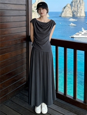 设计感时尚气质套装裙女夏季新款修身褶皱短袖上衣半身长裙两件套，女装套装/套裙，江南