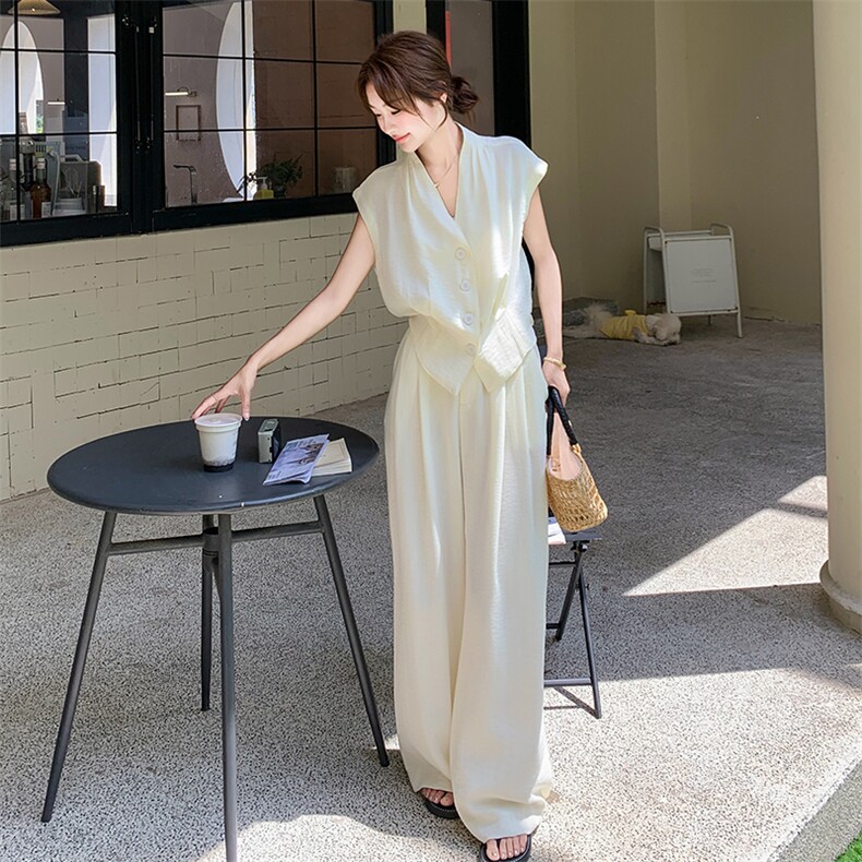 夏季2025淡人时尚阔腿裤两件套女高级感老钱风一整套穿搭马甲套装,女装套装/套裙,2C255