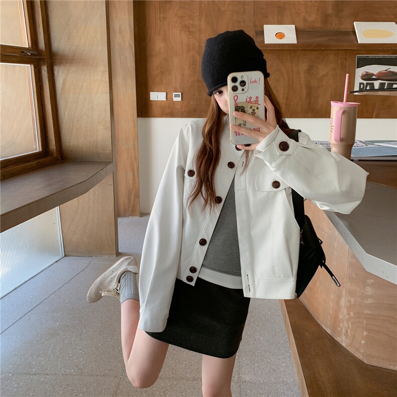 皮衣时尚漆皮工装风气质宽松拉链网红立领口袋秋季春秋小个子白色，女装短外套，浙宝208