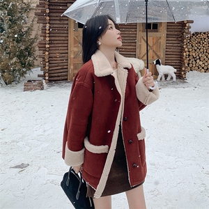 红色皮毛一体羊羔毛外套女2025秋冬新款小个子加绒加厚保暖棉服潮图片