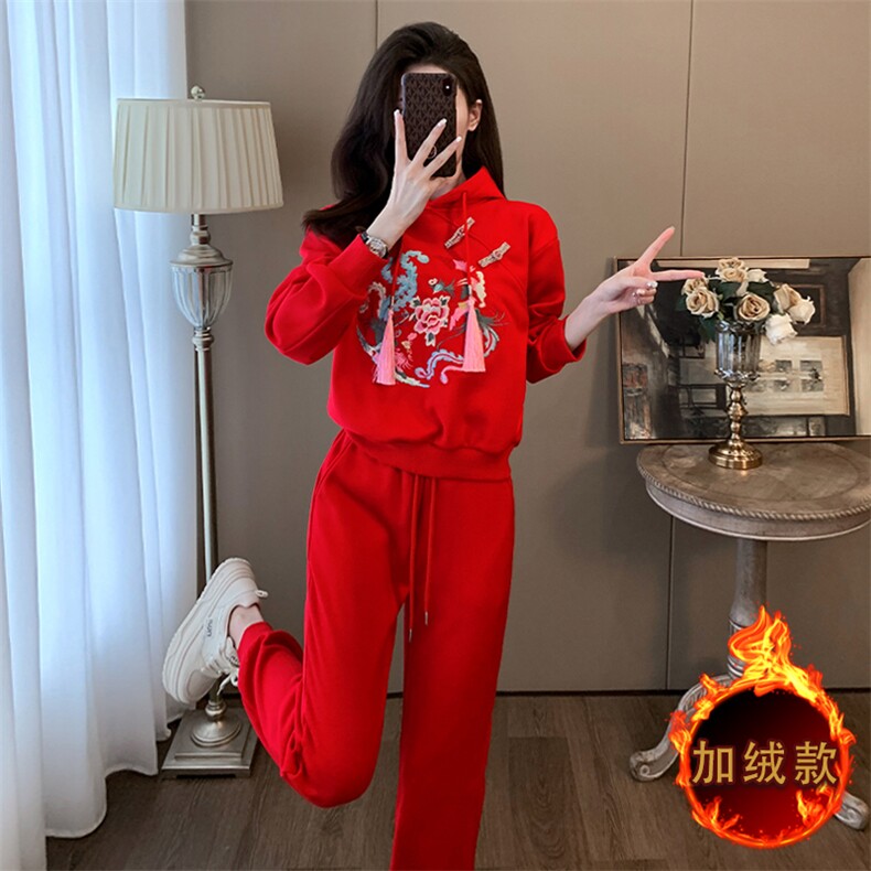 新中式风刺绣连帽卫衣加绒加厚两件套,女装套装/套裙,江南