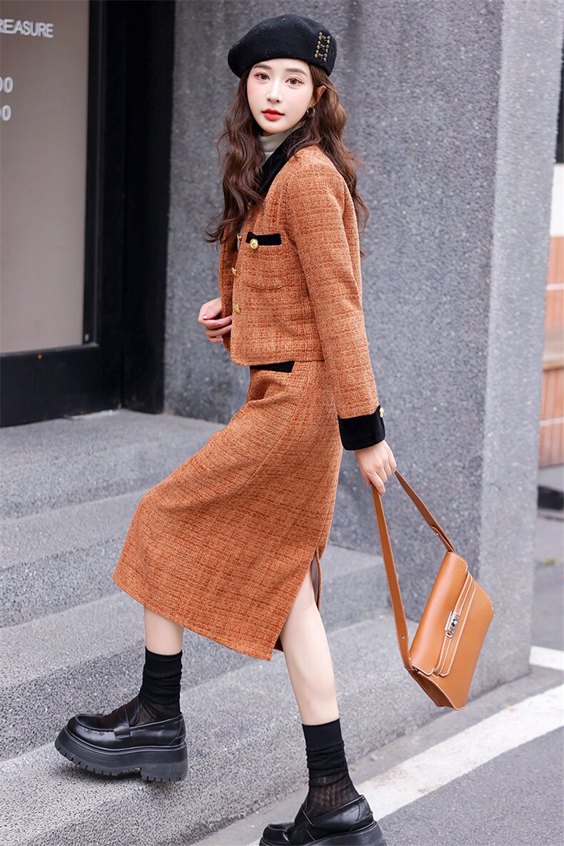 订婚红色小香风套装女2025春秋新款爆款高级感短外套半身裙两件套,女装套装/套裙,韩美纤衣
