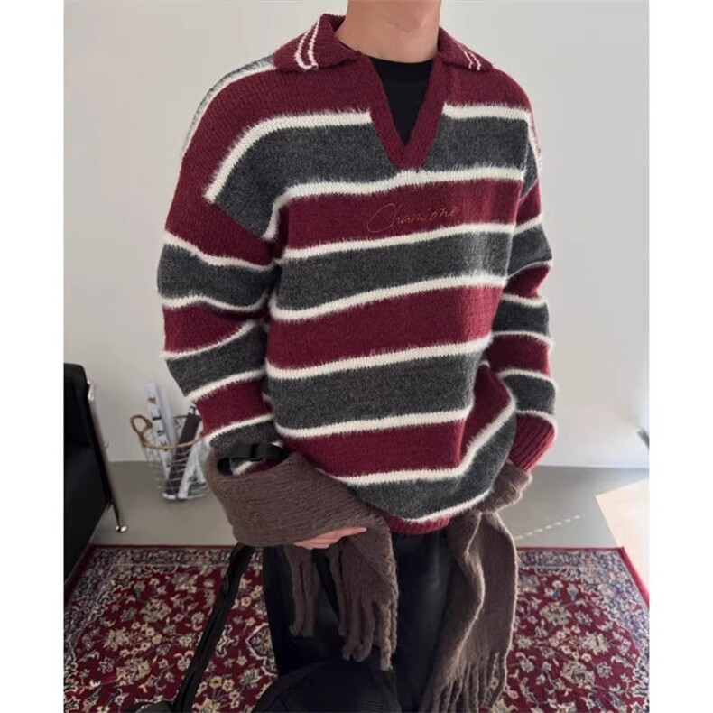 韩系蓝白撞色条纹针织衫男秋季穿搭潮牌落肩V领毛线衣MYG275,男装针织衫/毛衣,星座516A