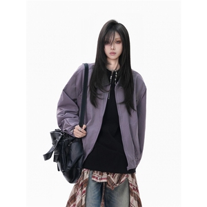 美式复古皮领拼接夹克女设计感小众嘻哈潮牌宽松外套图片
