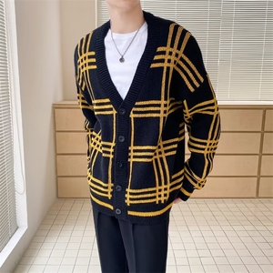 轻熟风韩版开衫男针织衫宽松潮流休闲V领格子毛衣男士BC37-P55图片