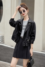 西装领长袖外套短款PU皮夹克2025春秋季新款女小个子时尚百搭上衣，女装皮衣，江南女神
