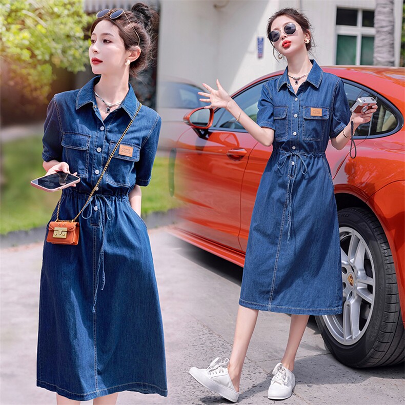 2023年夏款新款简约时尚个性气质翻领抽绳收腰显瘦薄款牛仔连裙，女装连衣裙，瑶迪依秀