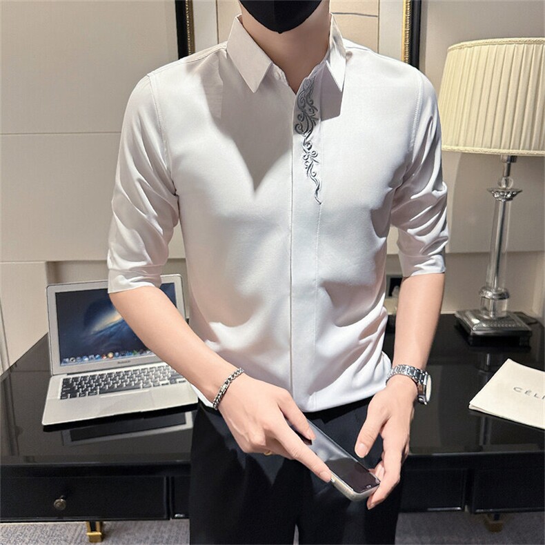 白 夏季男士刺绣七分袖衬衫男痞帅店主风衬衣301A-1/CS330/P55图片