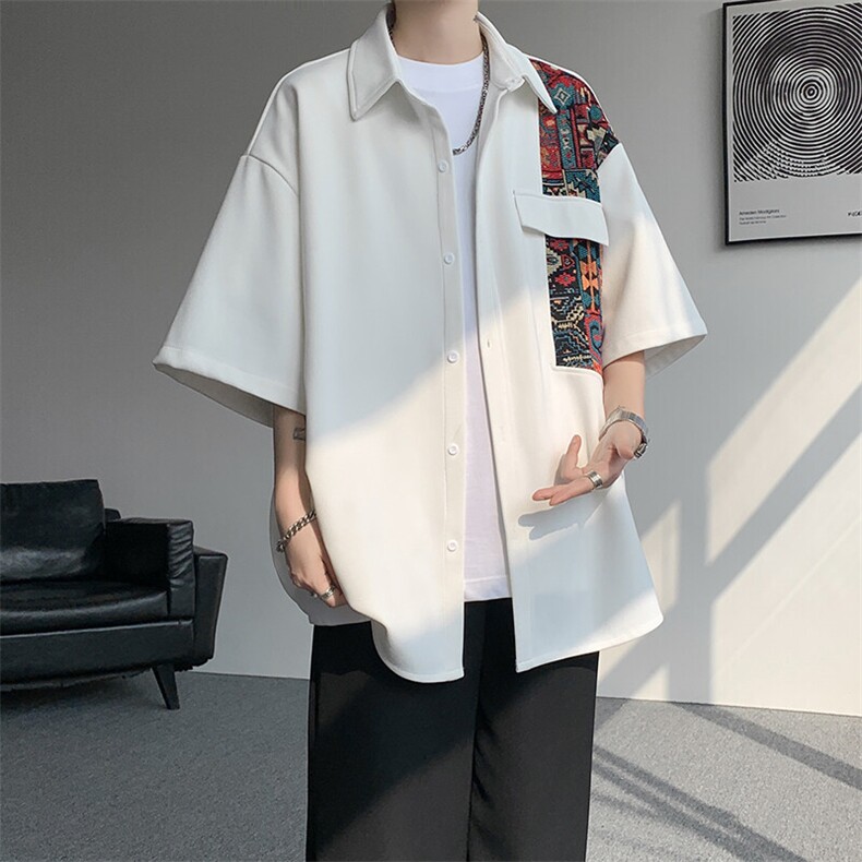 8XL-M民族风拼接短袖衬衫男夏季痞帅半袖衬衣薄款外套DC28009P45，男装衬衫，电商B312
