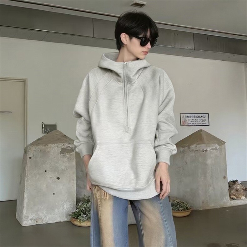 抖音得物二开 美式重磅宽松结构拉链设计防风高领连帽卫衣外套W76图片