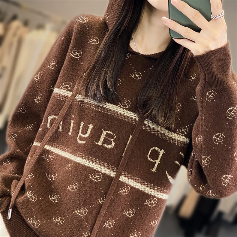 连帽100%纯羊毛衫卫衣女秋冬撞色亮丝毛衣长袖羊绒衫宽松针织帽衫,女装羊毛衫,邦太羊绒