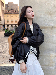 黑色时髦松弛感可盐可甜皮衣短外套女2025秋季日系复古风pu皮夹克图片