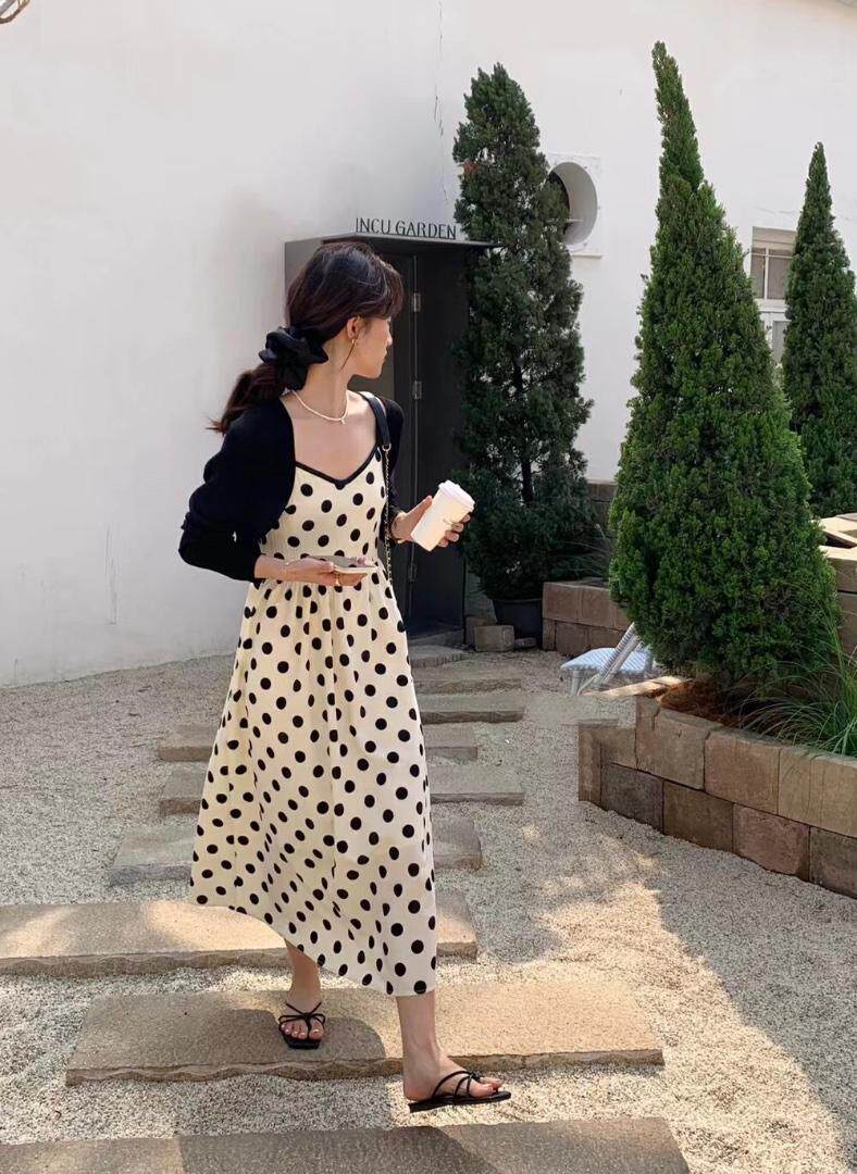 春款波点吊带裙套装，女装背心吊带，佳其