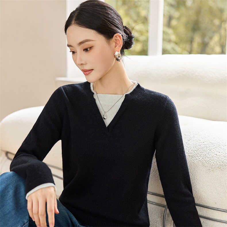 2025年秋季女士假两件长袖百搭通勤,女装羊绒衫,仙姿羊绒