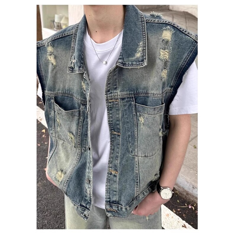 美式水洗磨毛边短款牛仔马甲男无袖宽松夏季潮流帅气上衣XJK8942，男装背心/马甲，星座208-5