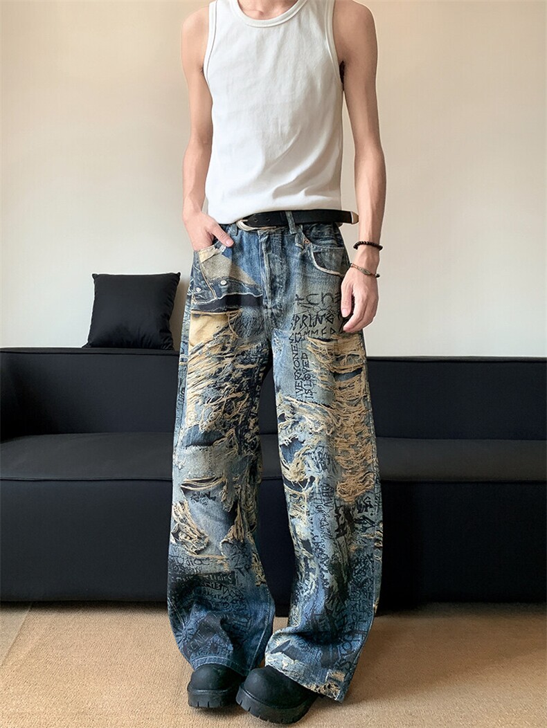 XZ-221-5/K8086/P58美式复古水洗做旧3D数码印花弯刀牛仔裤,男装牛仔裤,星座221-5