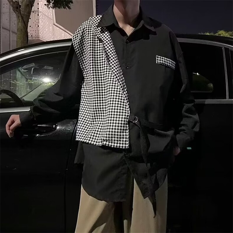 韩版高级感撞色西装领设计假两件衬衫男INS痞帅CS631-P36,男装衬衫,星座1109-3