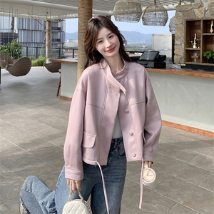 粉色短款皮衣外套女2025春季新款韩系可盐可甜减龄小个子PU皮夹克图片