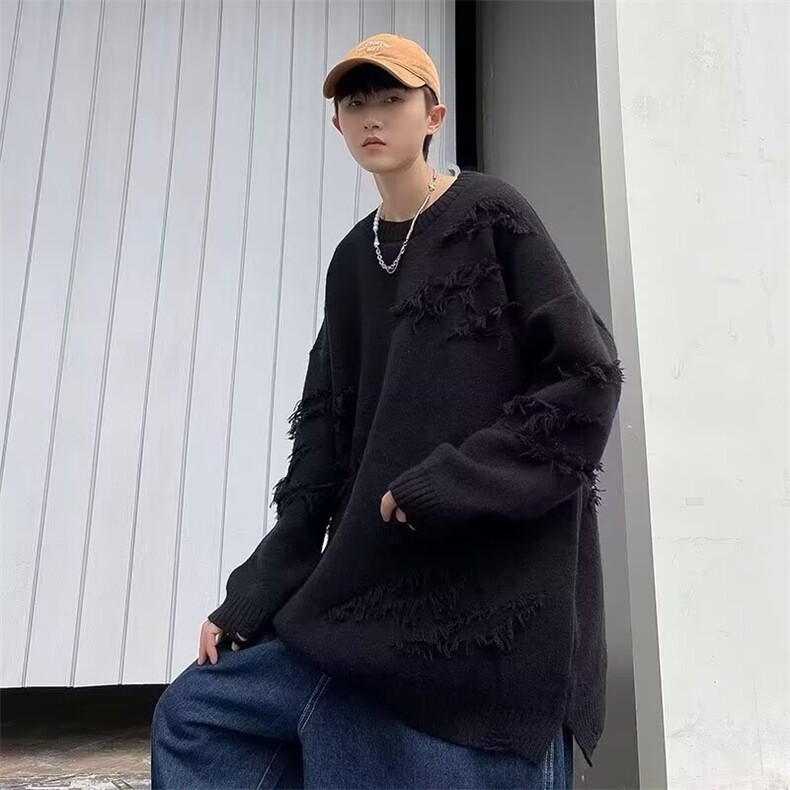 破洞毛衣男宽松潮流百搭休闲下摆开叉针织衫线衣外套外穿M14/P42,男装针织衫/毛衣,星座506