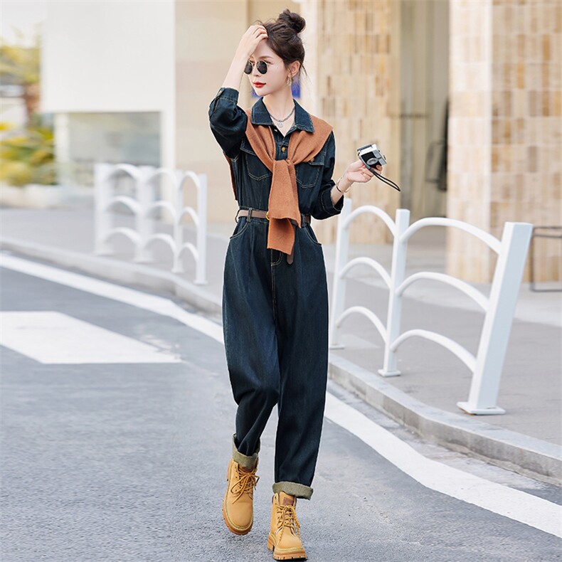 欧洲站时髦流行深色牛仔连体裤潮2025春新款女休闲减龄显瘦连衣裤，女装连体裤，瑶迪