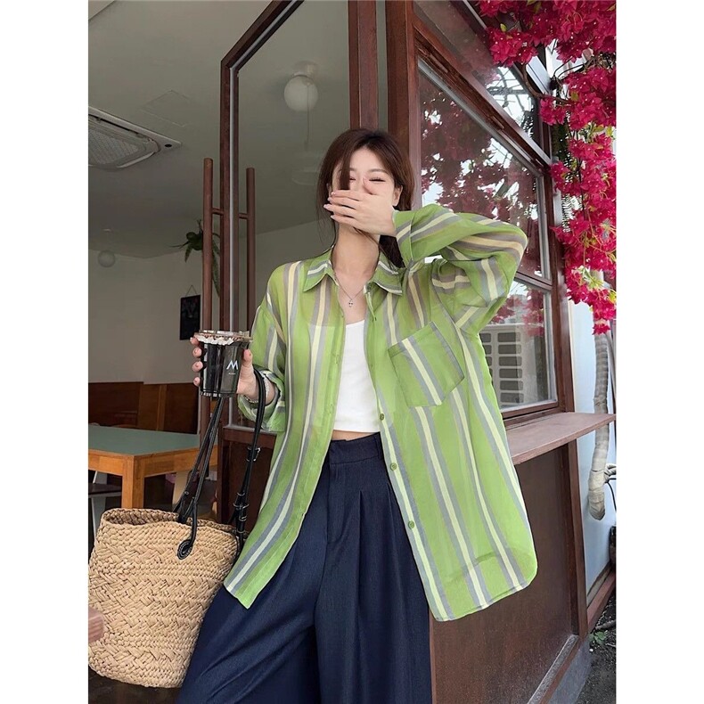 撞色条纹防晒衬衫女春夏薄款宽松显瘦百搭长袖上衣CA102-P37,男装防晒衣,星座208-5