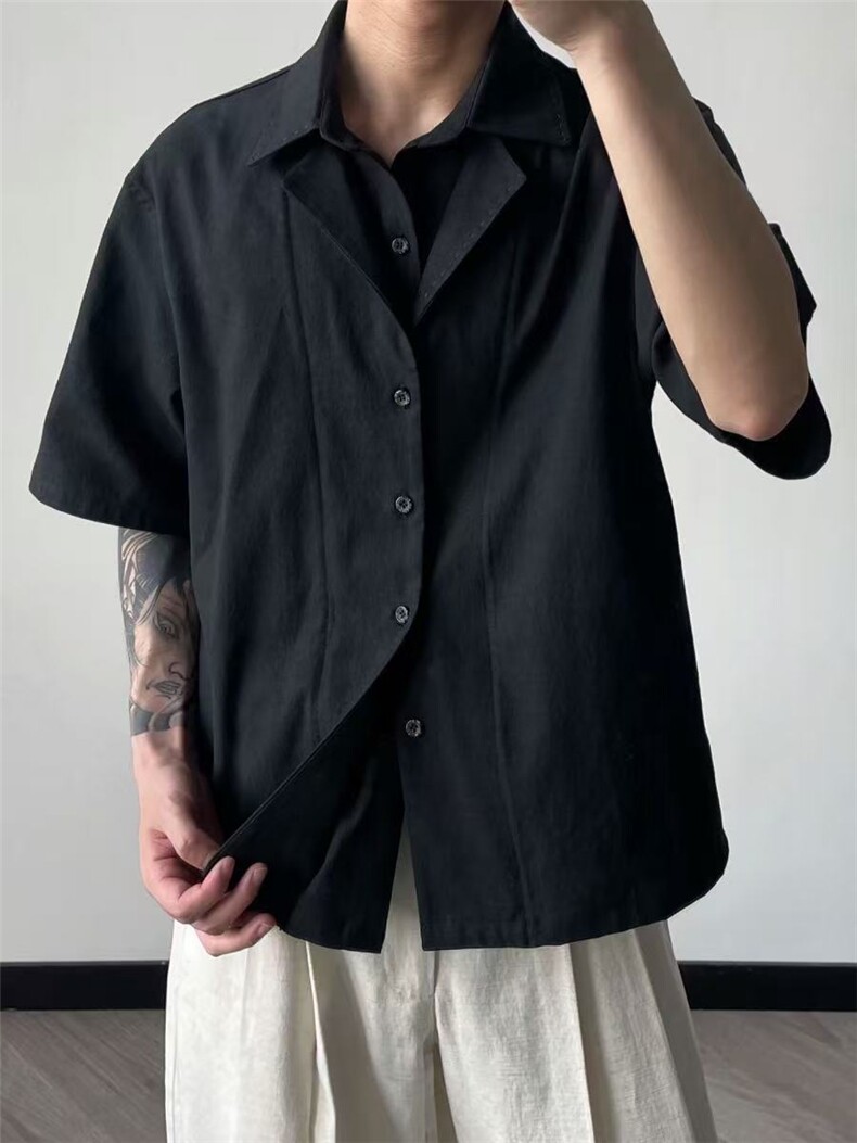 已下单~夏季亚麻天丝翻领假两件老钱风透气短袖衬衫男CT25127批55,男装衬衫,星座1004-6