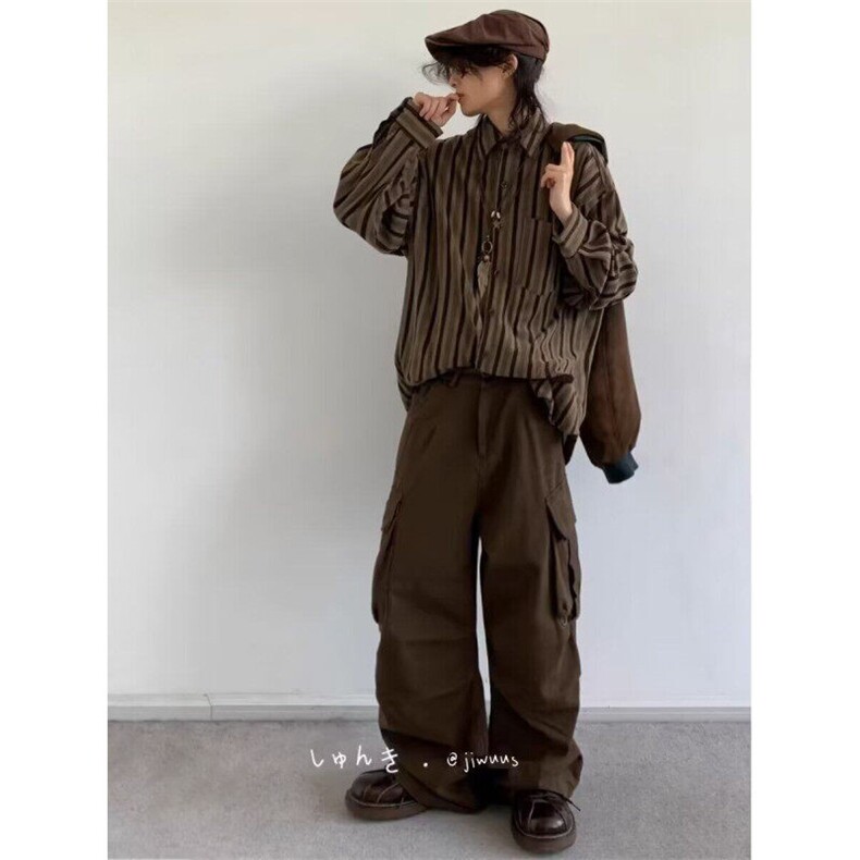 3037新款日系复古方领竖条纹衬衫男女学院风宽松休闲长袖衬衣外套,男装衬衫,星座308A-1（原309B-1）
