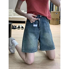 美式复古水洗直筒牛仔短裤女2025夏季新款显瘦高腰宽松五分中裤，男装牛仔裤，星座1210-1