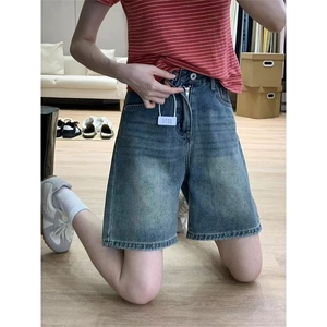 美式复古水洗直筒牛仔短裤女2025夏季新款显瘦高腰宽松五分中裤图片